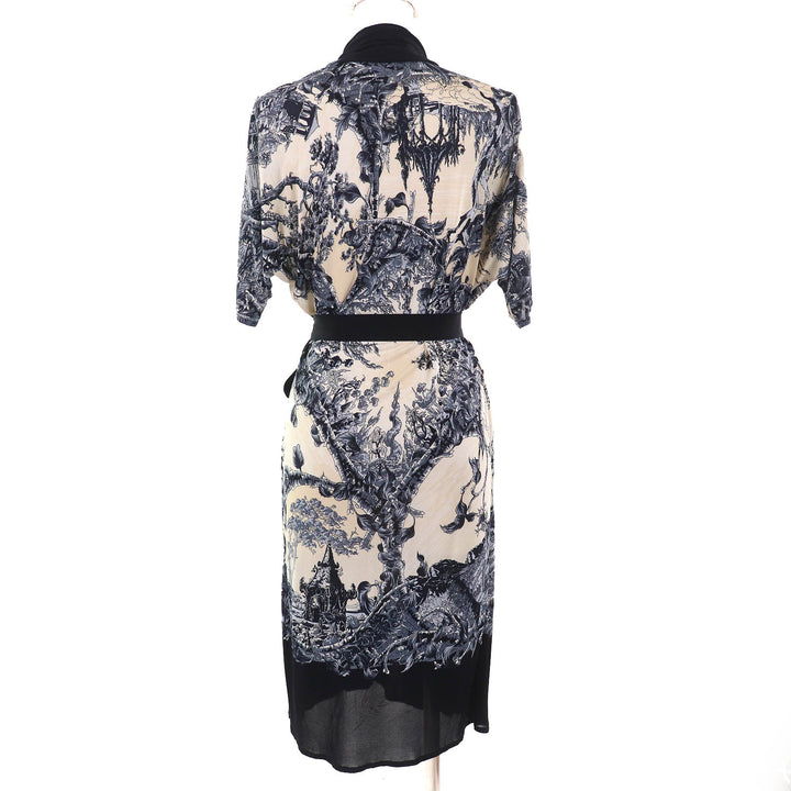 Great HERMES one piece FANTAISIE PITTORESQUE Belted chiffon Navy Blue Beige 34