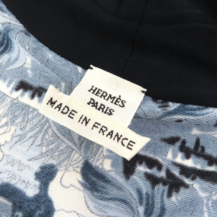 Great HERMES one piece FANTAISIE PITTORESQUE Belted chiffon Navy Blue Beige 34