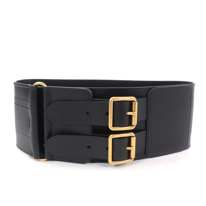 Excellent Christian Dior belt D-WAIST Maxi Double gold buckle black leather