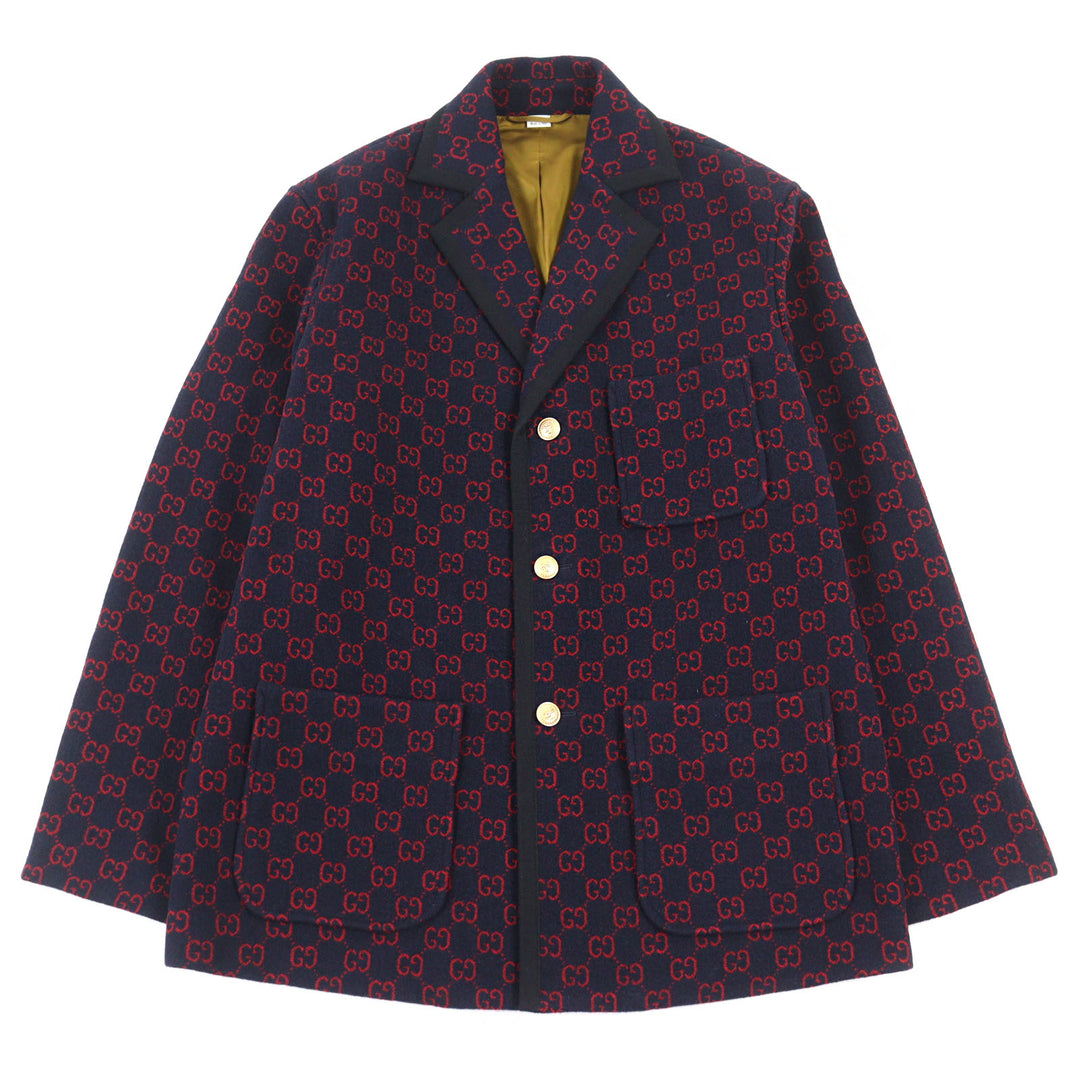 Excellent GUCCI coat GG jacquard gold button piping design half Navy red wool 44 597911