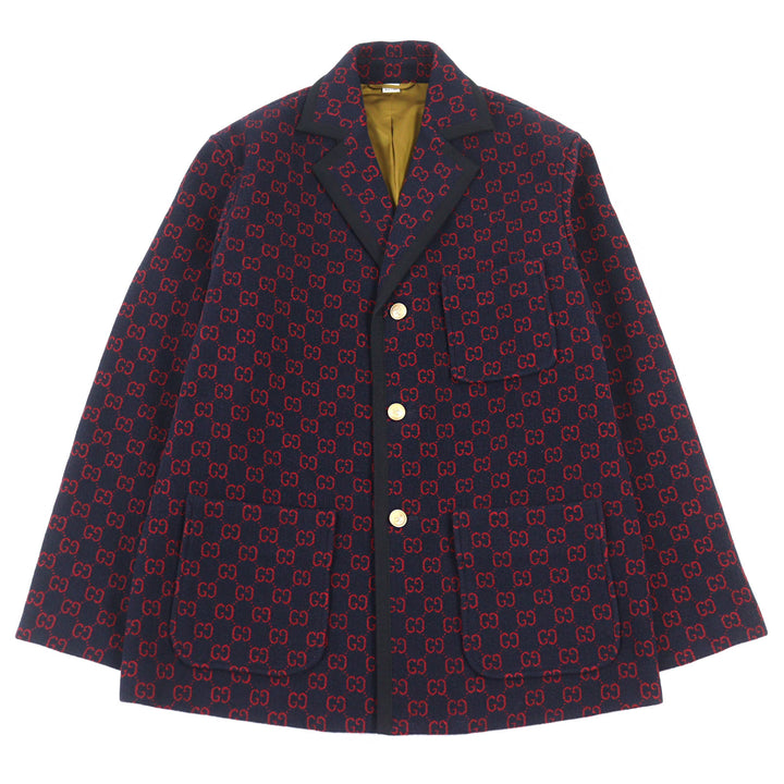 Excellent GUCCI coat GG jacquard gold button piping design half Navy red wool 44 597911