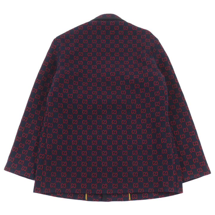 Excellent GUCCI coat GG jacquard gold button piping design half Navy red wool 44