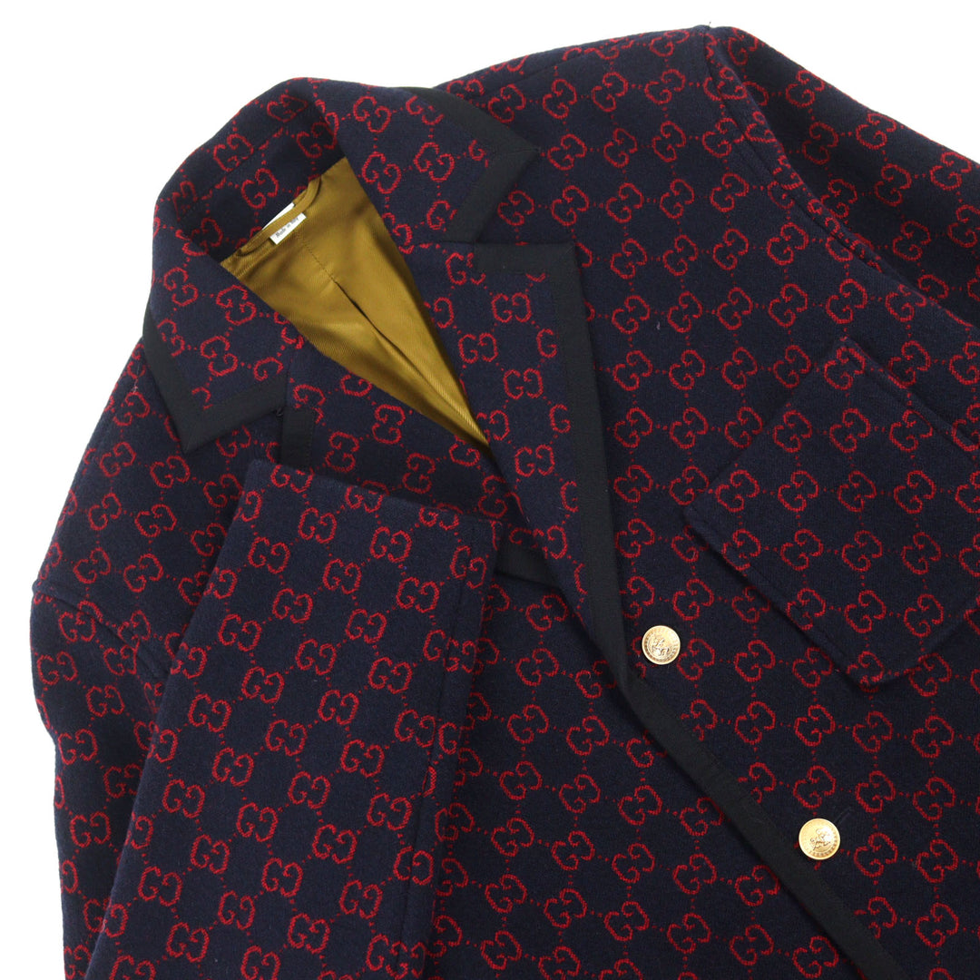 Excellent GUCCI coat GG jacquard gold button piping design half Navy red wool 44 597911