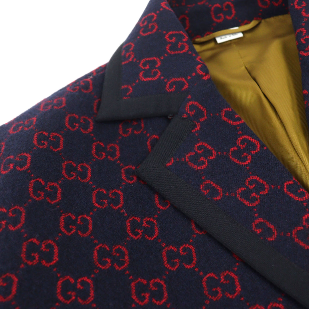 Excellent GUCCI coat GG jacquard gold button piping design half Navy red wool 44 597911