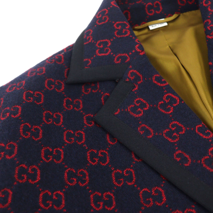 Excellent GUCCI coat GG jacquard gold button piping design half Navy red wool 44