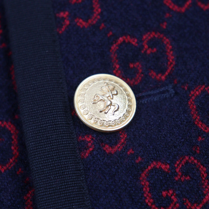 Excellent GUCCI coat GG jacquard gold button piping design half Navy red wool 44