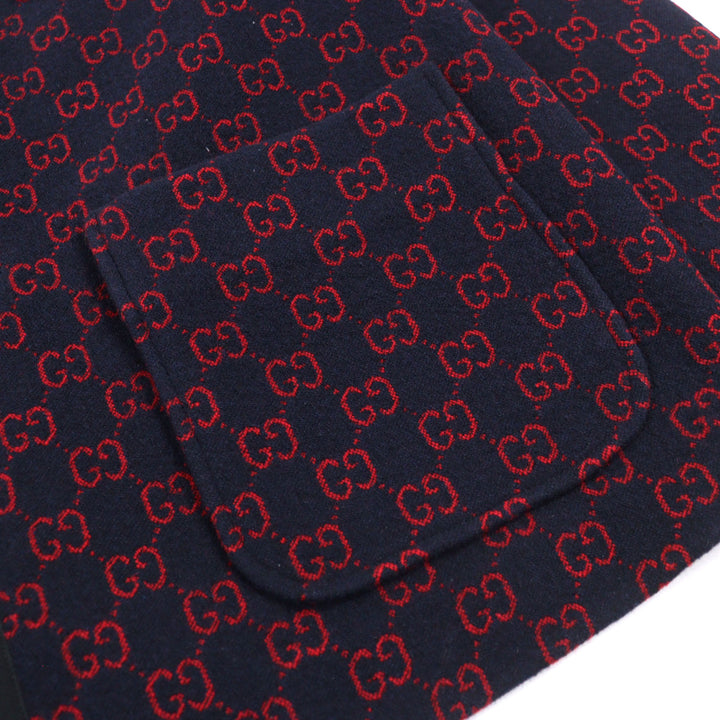 Excellent GUCCI coat GG jacquard gold button piping design half Navy red wool 44