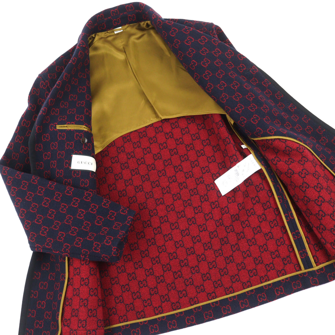 Excellent GUCCI coat GG jacquard gold button piping design half Navy red wool 44