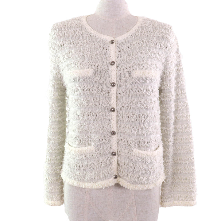 Excellent FOXEY cardigan Ribbon Tweed Crew Neck Long Sleeve white cotton Women