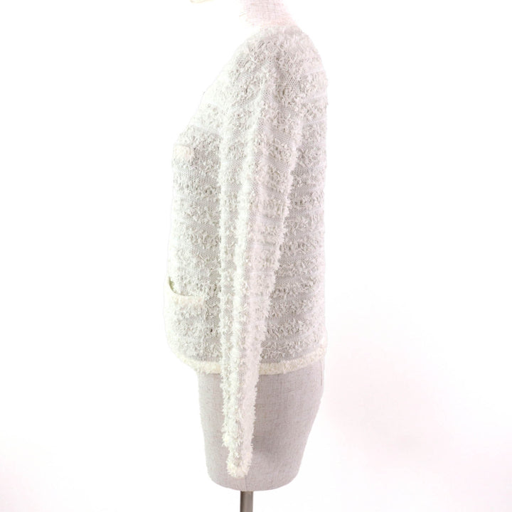 Excellent FOXEY cardigan Ribbon Tweed Crew Neck Long Sleeve white cotton Women
