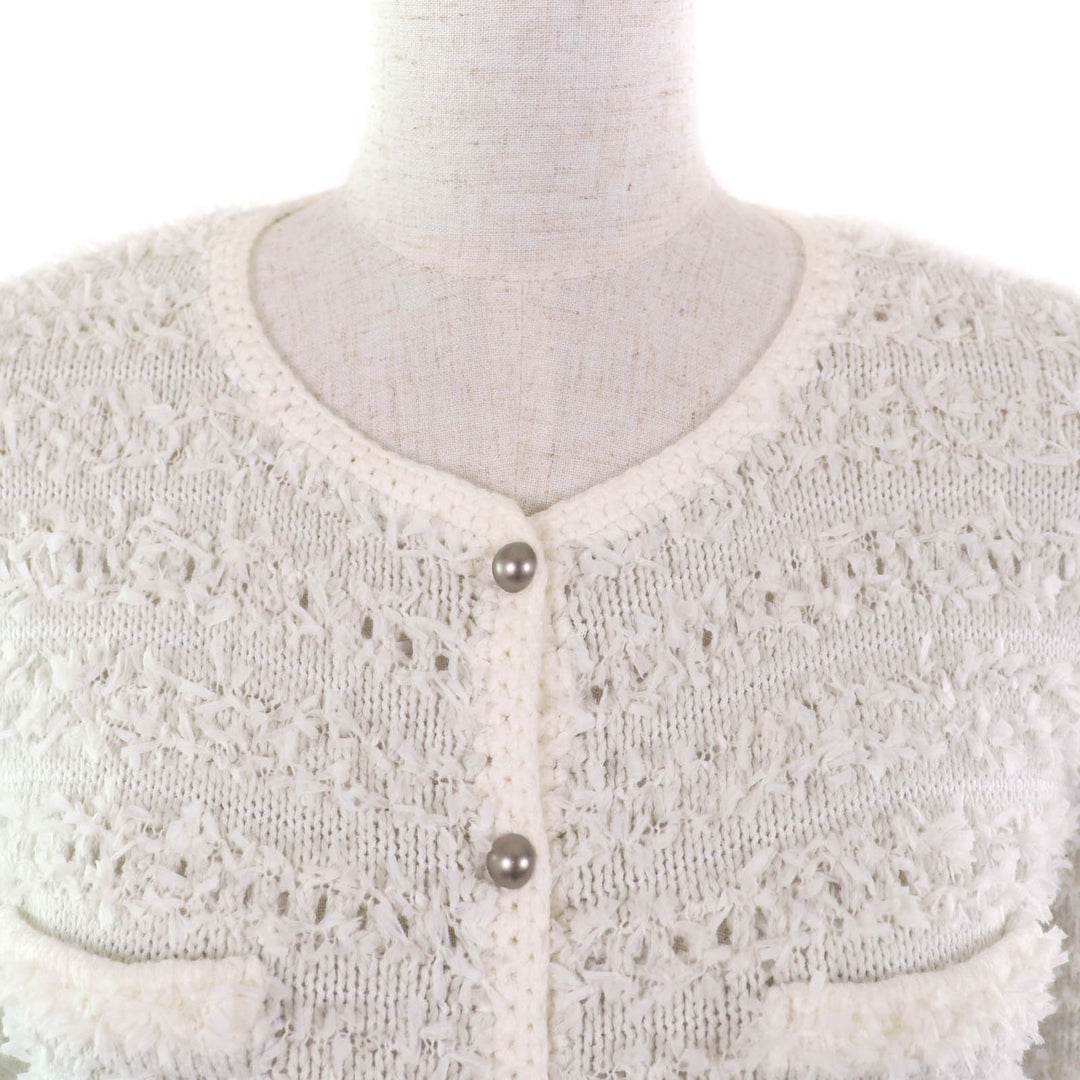 Excellent FOXEY cardigan Ribbon Tweed Crew Neck Long Sleeve white cotton Women 38 35348