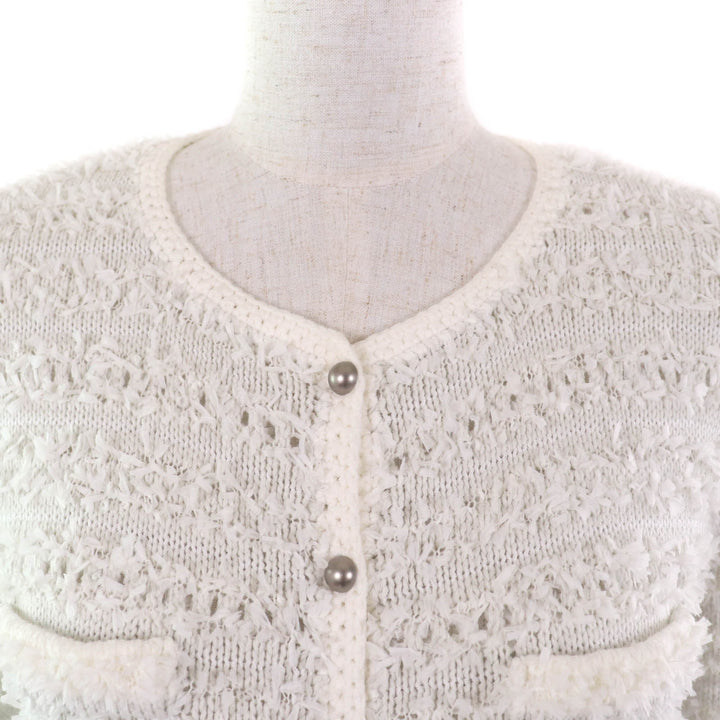 Excellent FOXEY cardigan Ribbon Tweed Crew Neck Long Sleeve white cotton Women 38 35348