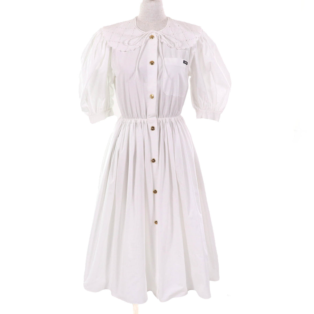 Pristine Miu Miu one piece Embroidered collar logo puff sleeve poplin dress 36