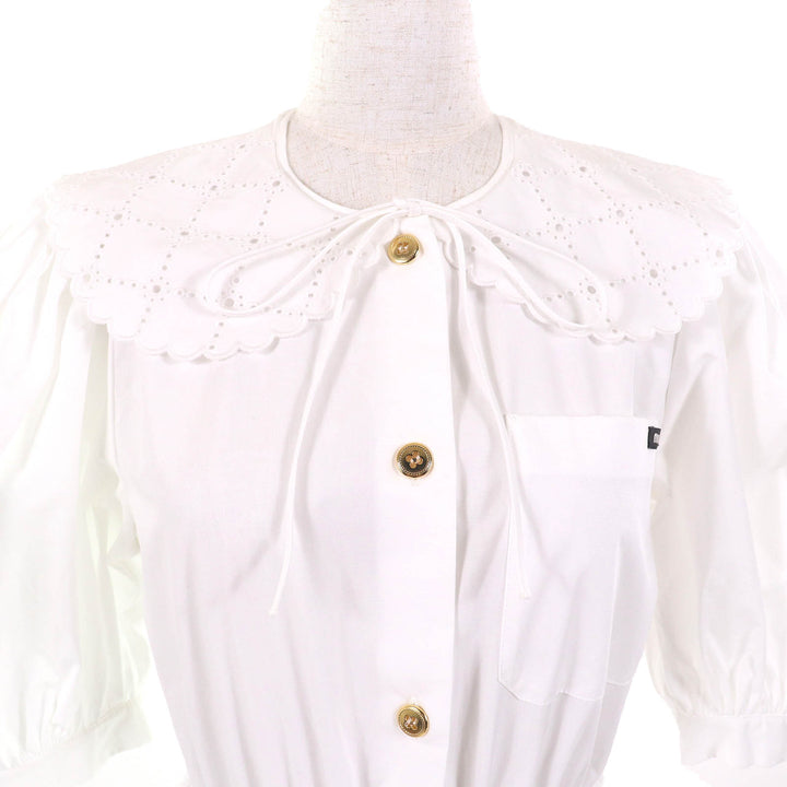 Pristine Miu Miu one piece Embroidered collar logo puff sleeve poplin dress 36