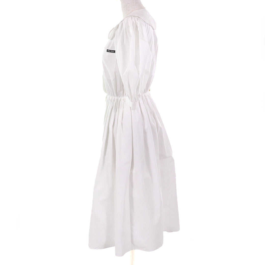 Pristine Miu Miu one piece Embroidered collar logo puff sleeve poplin dress 36