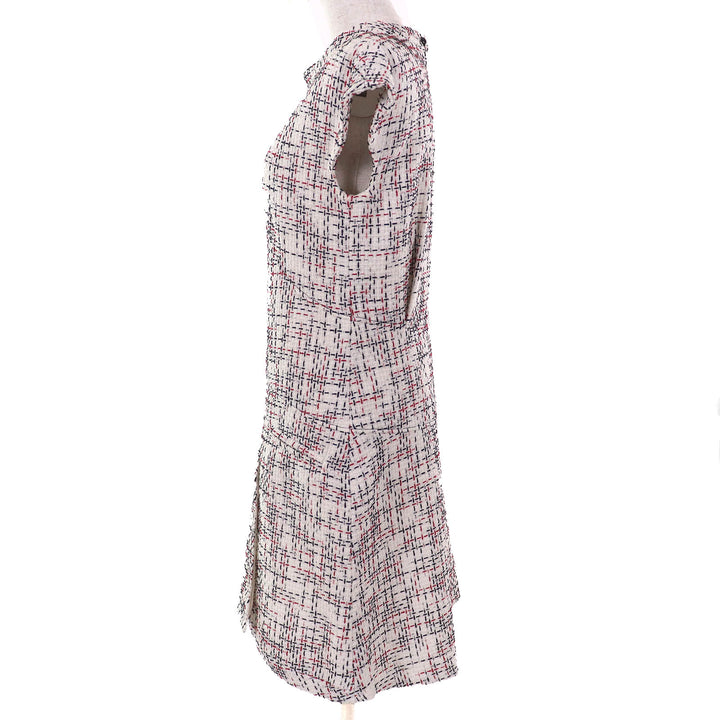 Excellent CHANEL one piece COCO Mark Button French Sleeve Tweed Ivory black red