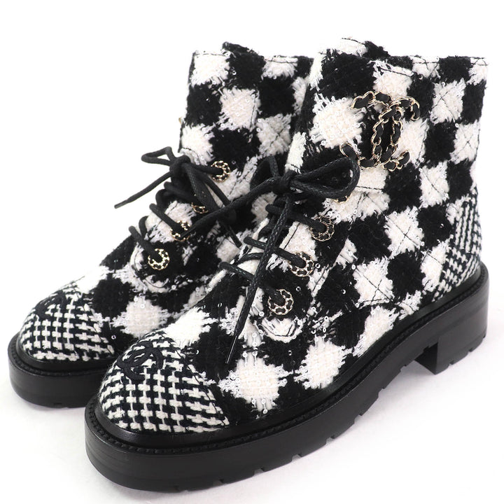 Excellent CHANEL Ankle boots COCO Mark Sequined Plaid Pattern Tweed Short Boots 7.5 G36424