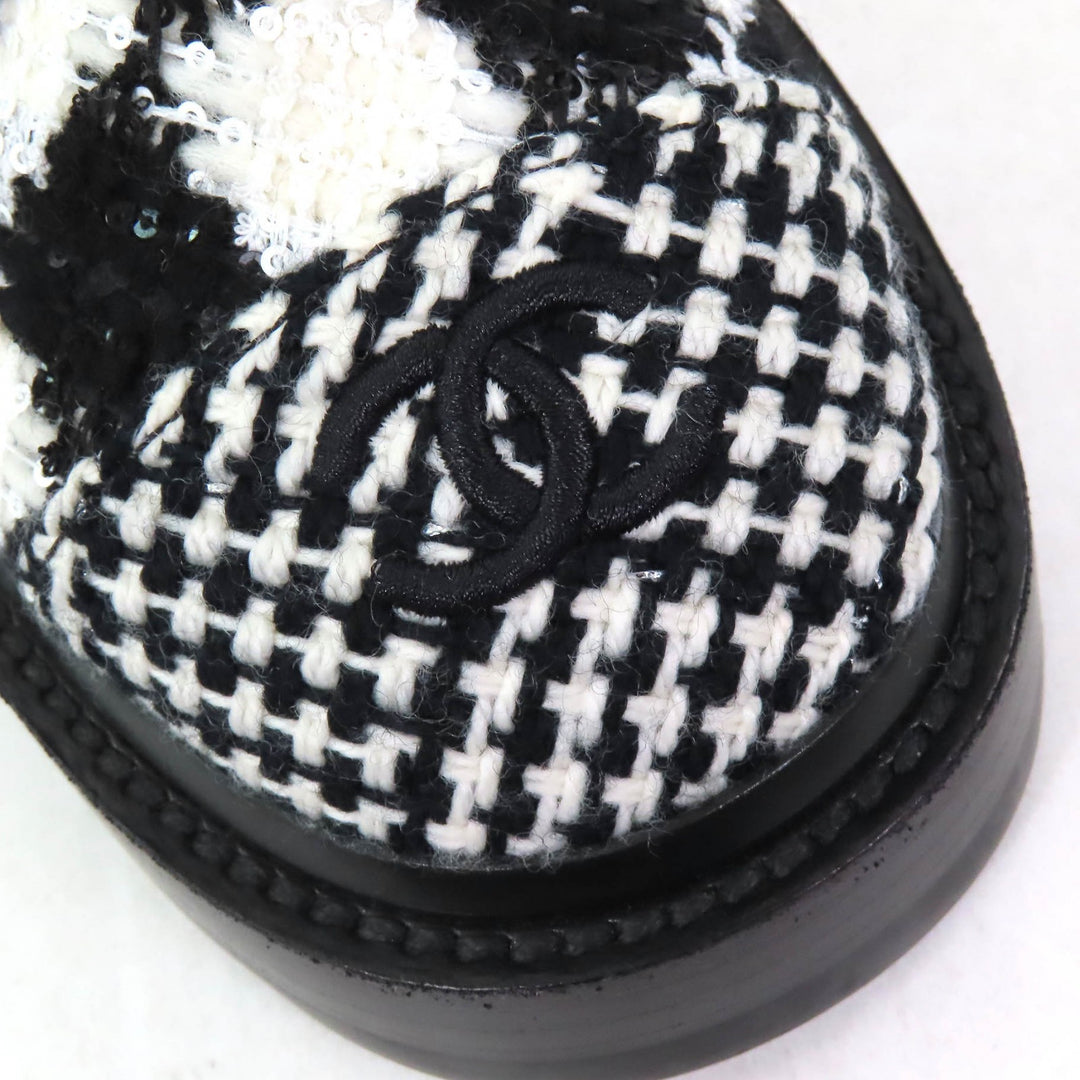 Excellent CHANEL Ankle boots COCO Mark Sequined Plaid Pattern Tweed Short Boots