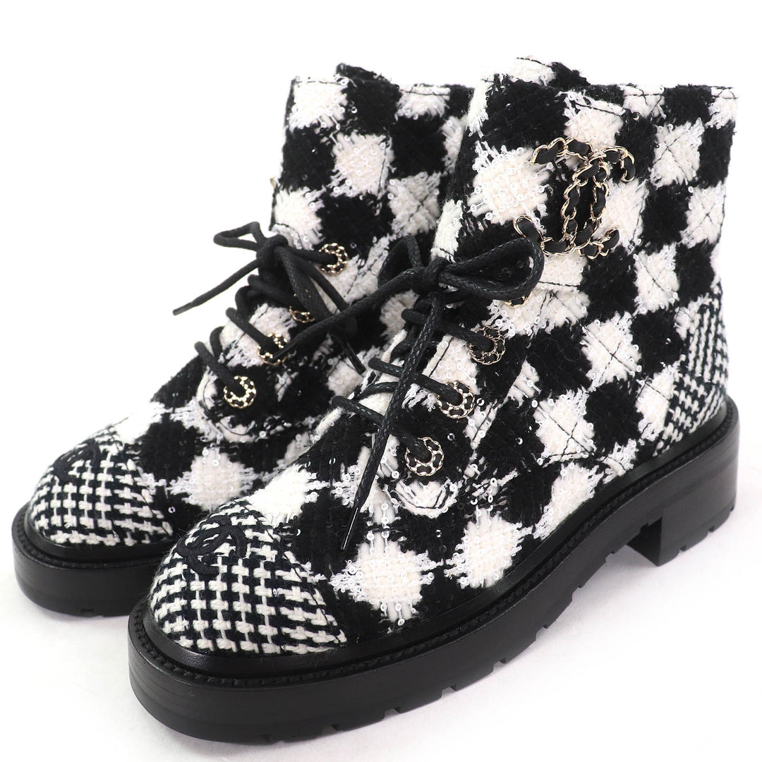 Excellent CHANEL Ankle boots COCO Mark Sequined Plaid Pattern Tweed Short Boots