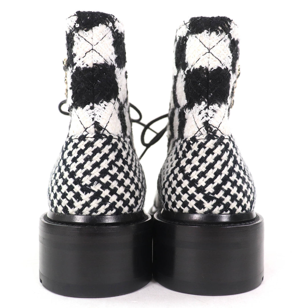 Excellent CHANEL Ankle boots COCO Mark Sequined Plaid Pattern Tweed Short Boots