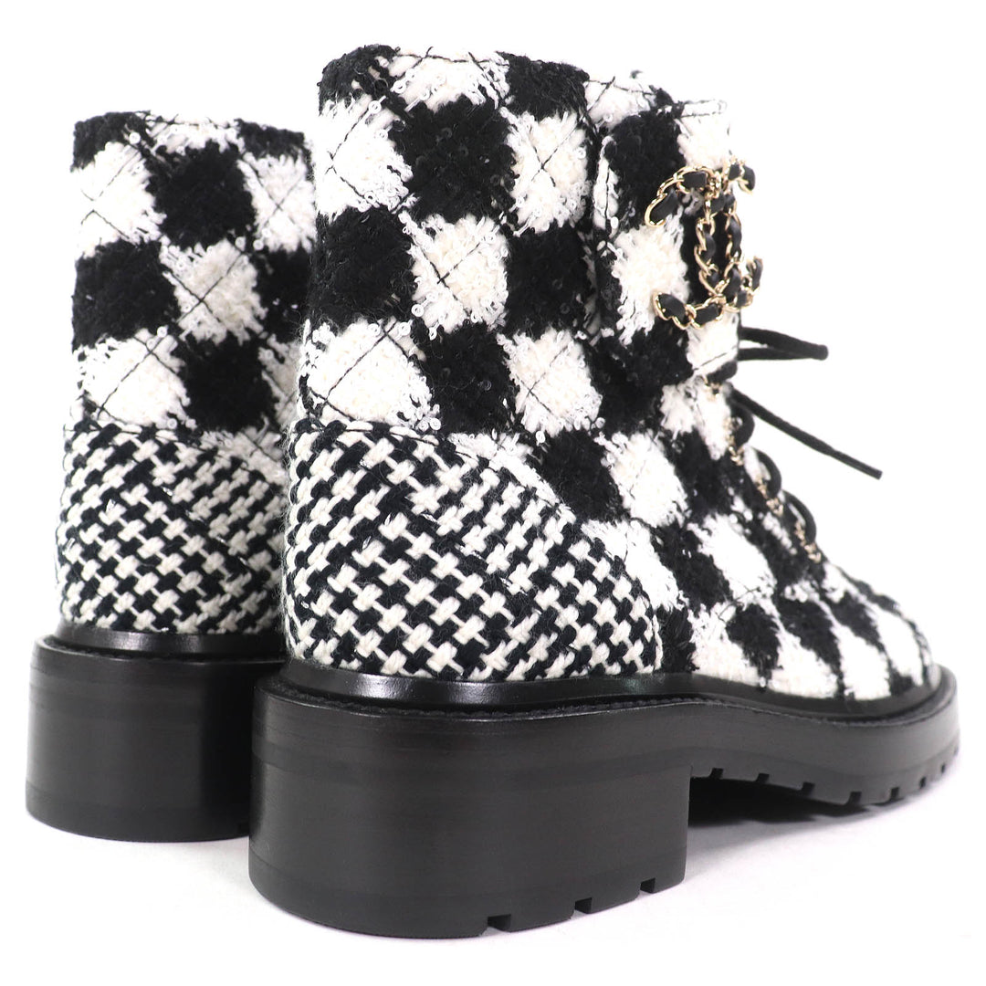 Excellent CHANEL Ankle boots COCO Mark Sequined Plaid Pattern Tweed Short Boots