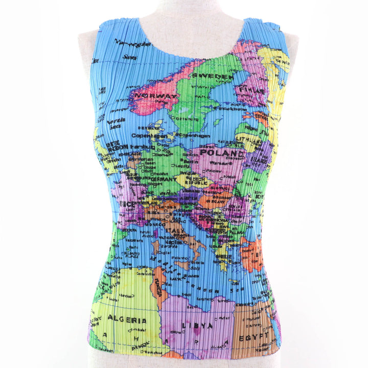 Excellent PLEATS PLEASE T-shirt World Map Sleeveless multicolor Women 3