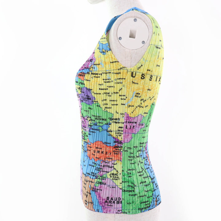 Excellent PLEATS PLEASE T-shirt World Map Sleeveless multicolor Women 3