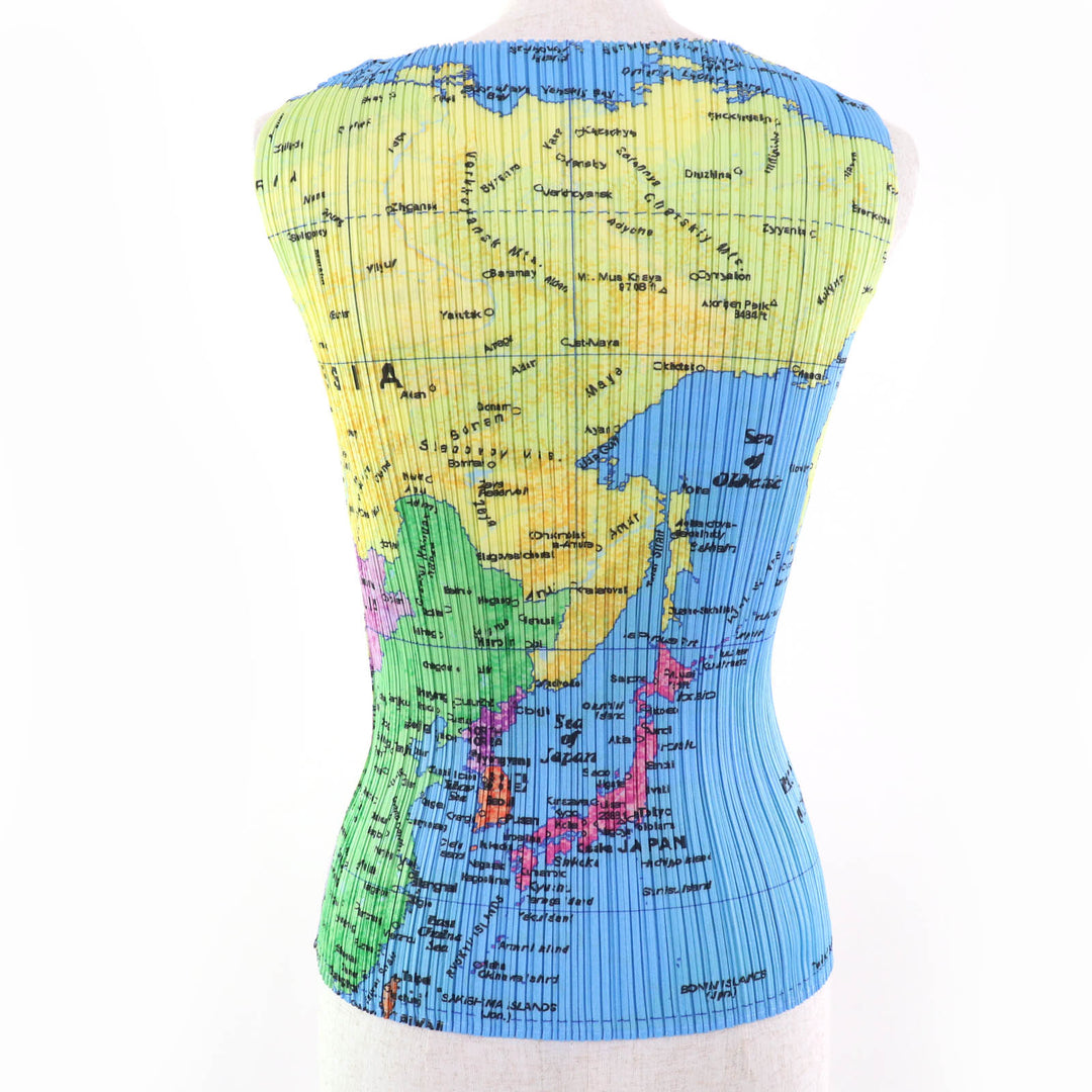 Excellent PLEATS PLEASE T-shirt World Map Sleeveless multicolor Women 3