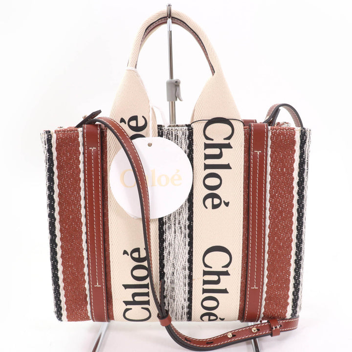 Pristine Chloe Woody Small Tote Brown linen CHC22Stainless Steel397G4427S