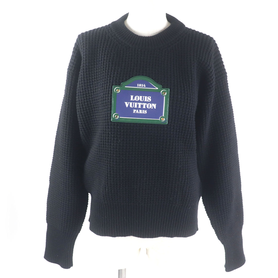 Excellent LOUIS VUITTON knit Logo patch waffle knit sweater black wool Women S