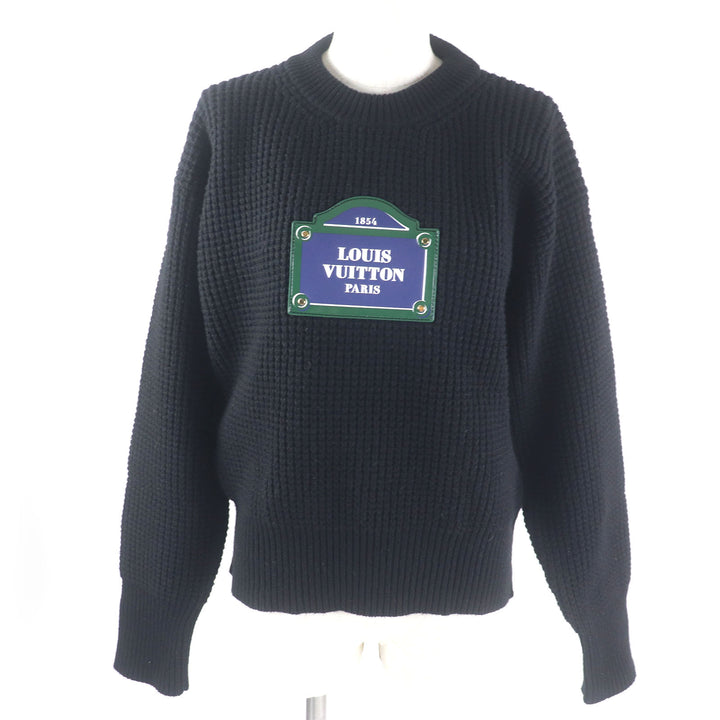Excellent LOUIS VUITTON knit Logo patch waffle knit sweater black wool Women S