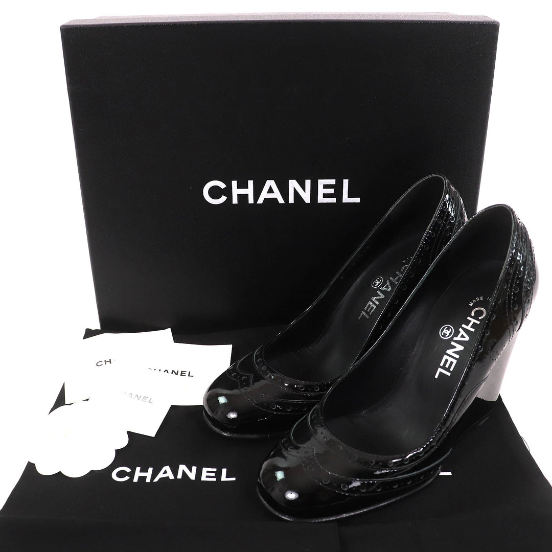 Excellent CHANEL pumps Perforated wedge sole black Patent leather Women 36.5