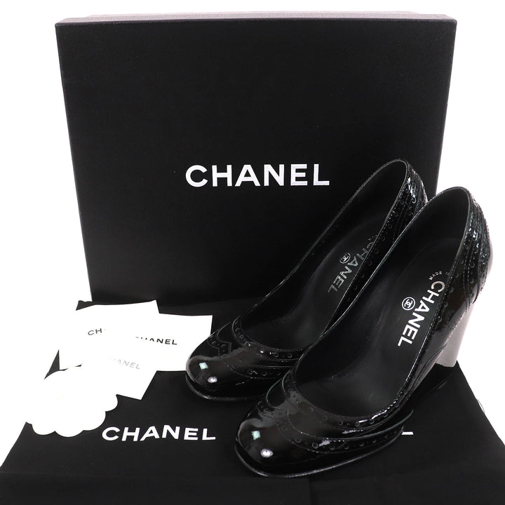 Excellent CHANEL pumps Perforated wedge sole black Patent leather Women 36.5