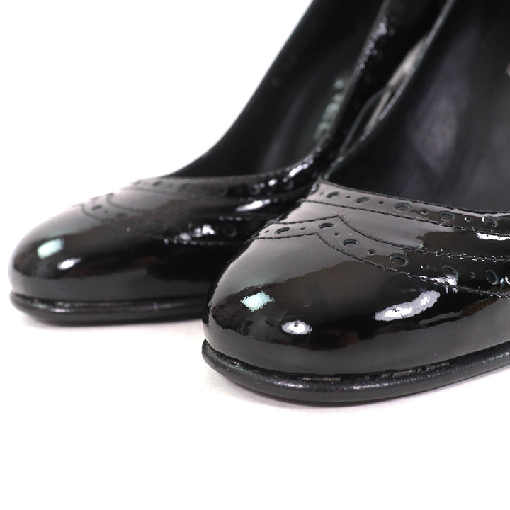 Excellent CHANEL pumps Perforated wedge sole black Patent leather Women 36.5