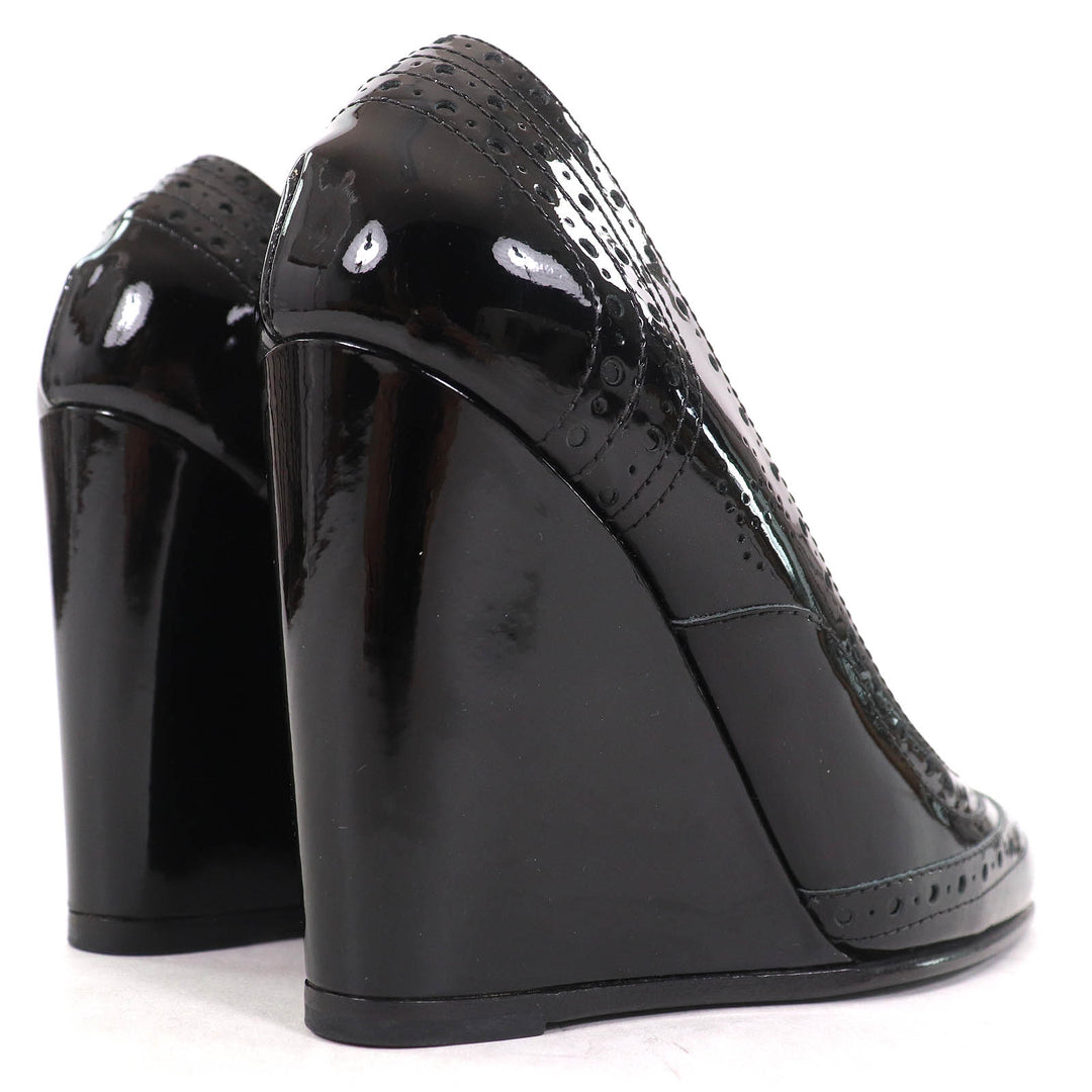 Excellent CHANEL pumps Perforated wedge sole black Patent leather Women 36.5