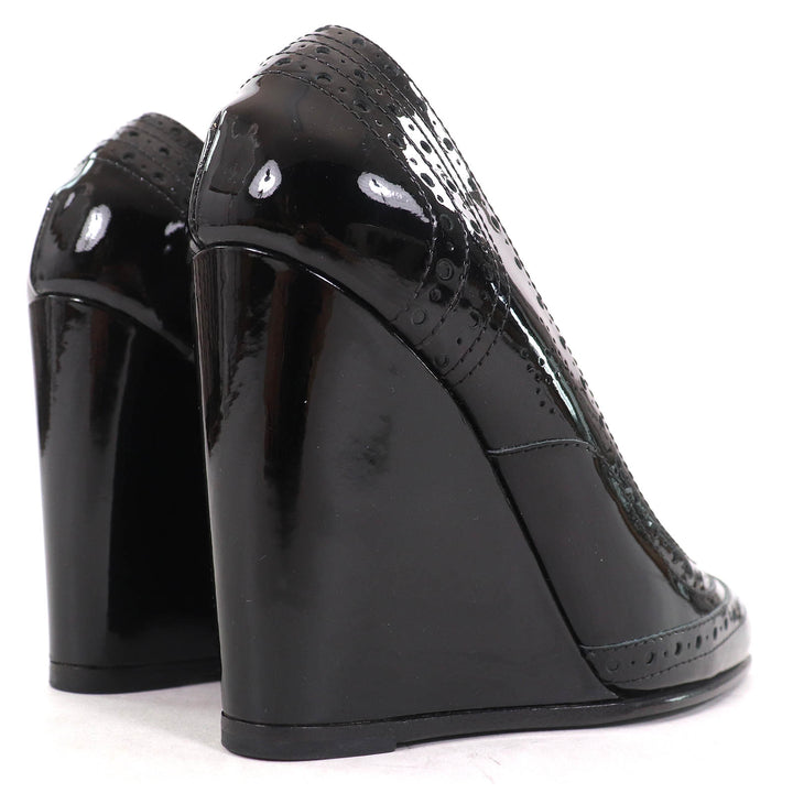 Excellent CHANEL pumps Perforated wedge sole black Patent leather Women 36.5