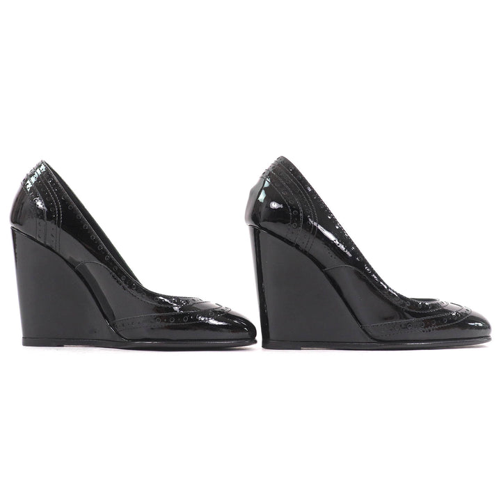 Excellent CHANEL pumps Perforated wedge sole black Patent leather Women 36.5
