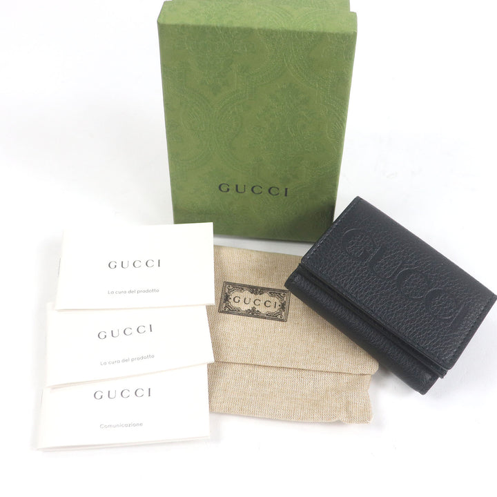 Pristine GUCCI Tri-fold wallet embossed logo compact wallet black leather mens 736151
