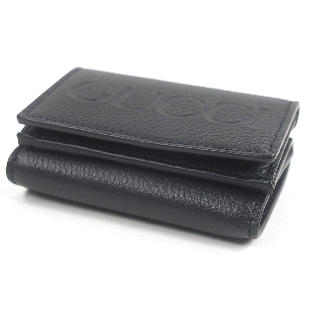 Pristine GUCCI Tri-fold wallet embossed logo compact wallet black leather mens 736151