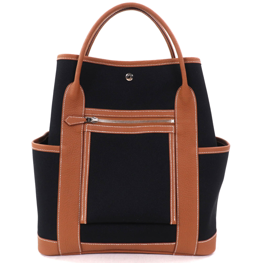 Pristine HERMES Tote Bag Garden Party Pocket Vertical black Toile Military Women