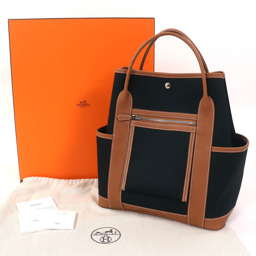 Pristine HERMES Tote Bag Garden Party Pocket Vertical black Toile Military Women
