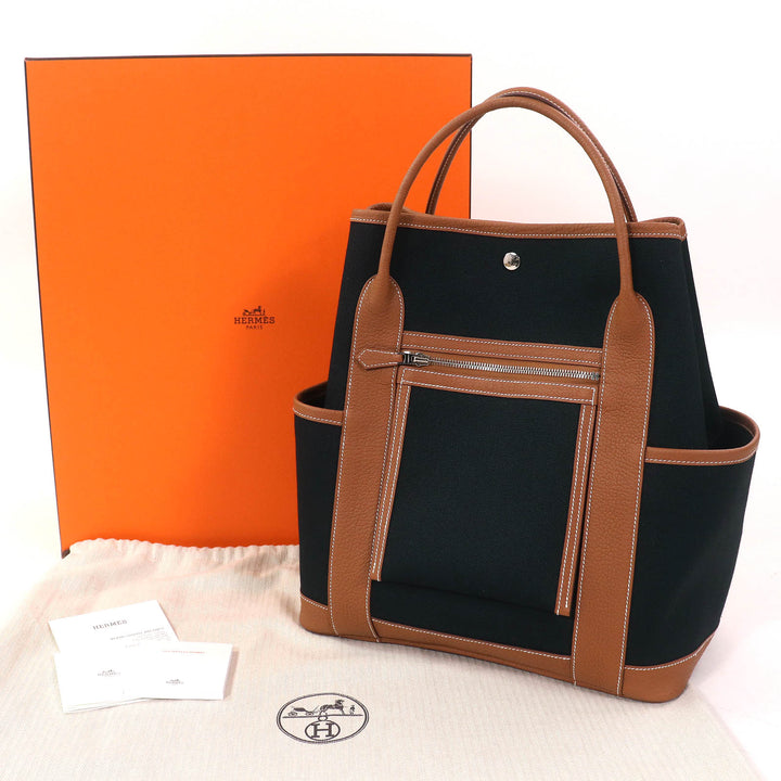Pristine HERMES Tote Bag Garden Party Pocket Vertical black Toile Military Women