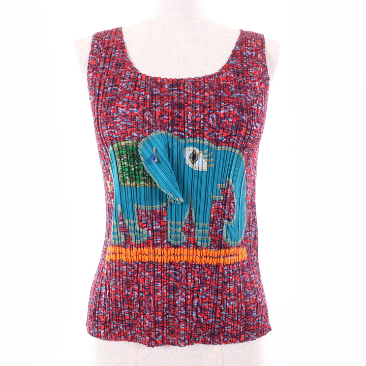 Excellent PLEATS PLEASE T-shirt Ganesha Sleeveless Red series polyester Women 3