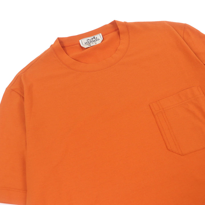 Pristine HERMES Short sleeve T-shirt H logo embroidery pocket Orange cotton