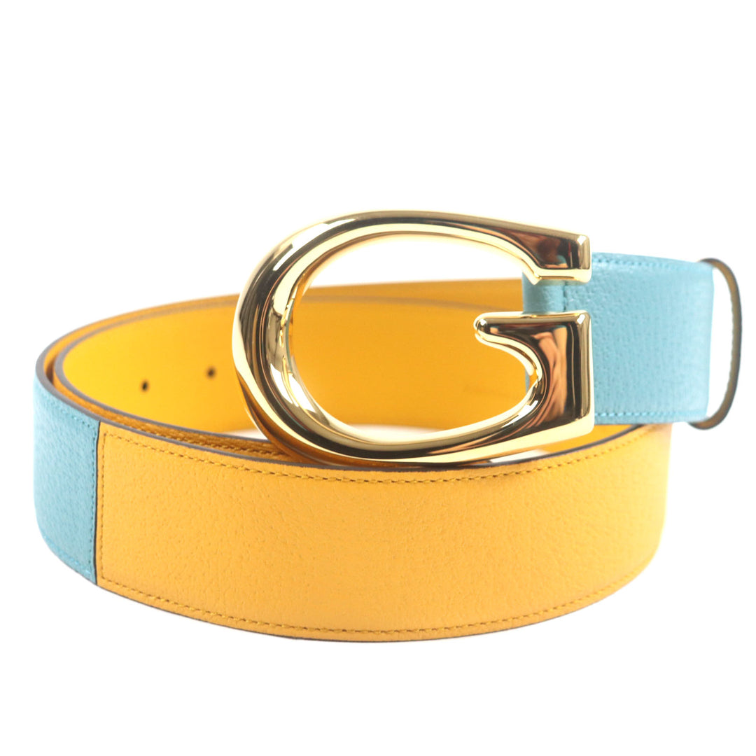 Excellent GUCCI belt G logo buckle leather Yellow blue leather mens 709954