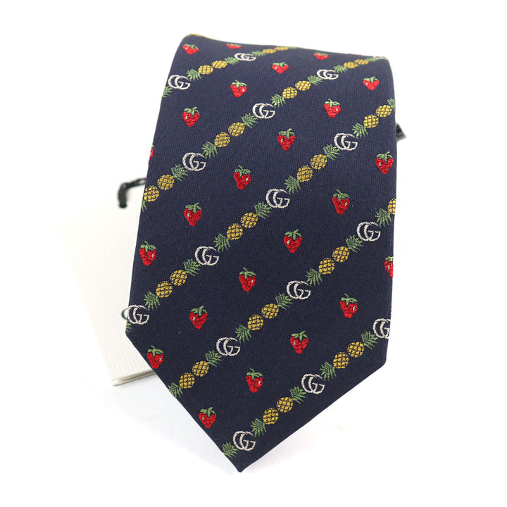 Pristine GUCCI tie GG logo, bee embroidery, pineapple, strawberry Navy silk men 597093