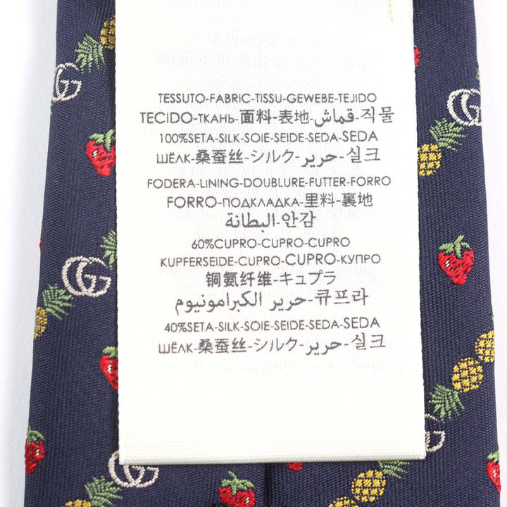 Pristine GUCCI tie GG logo, bee embroidery, pineapple, strawberry Navy silk men 597093