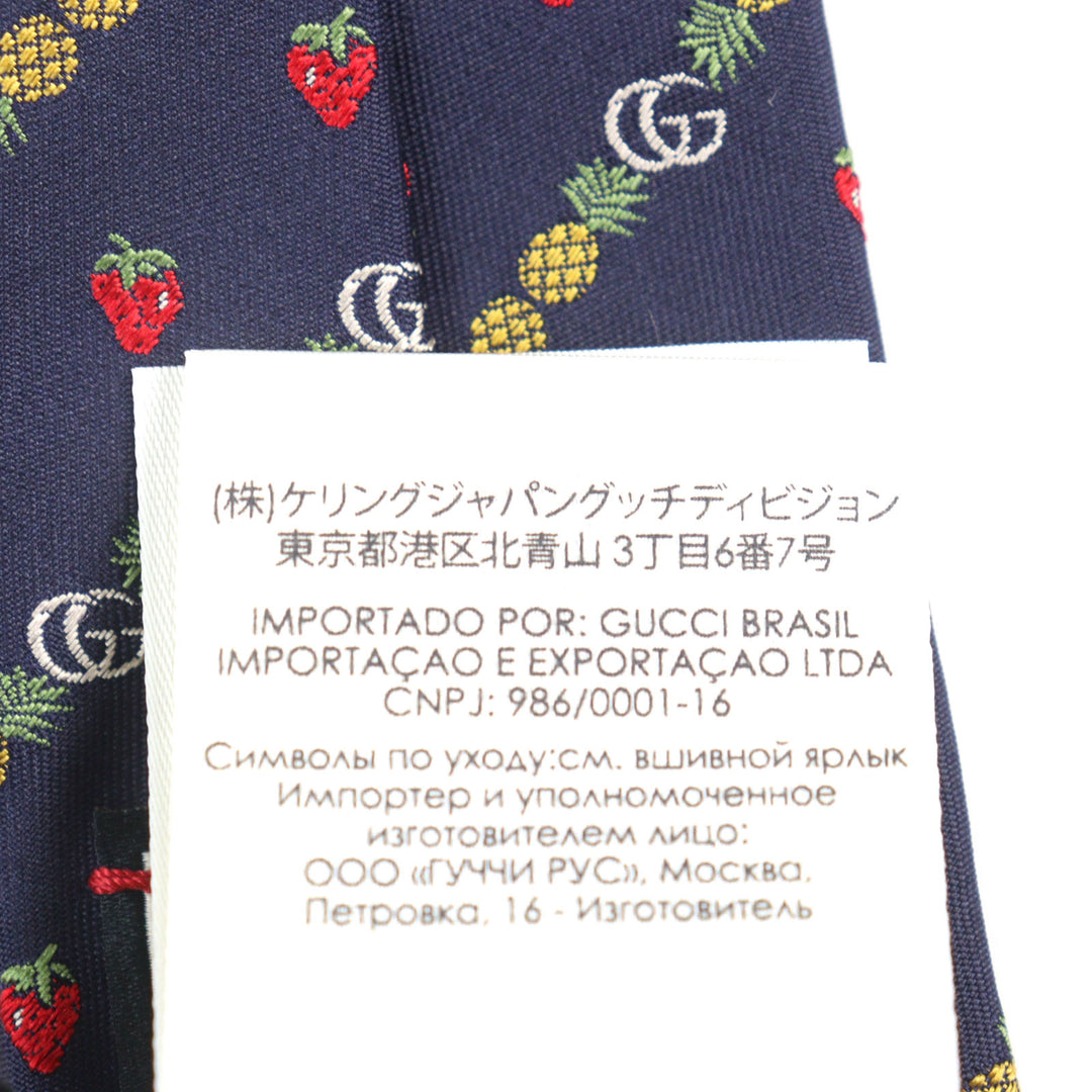 Pristine GUCCI tie GG logo, bee embroidery, pineapple, strawberry Navy silk men 597093