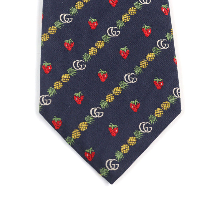 Pristine GUCCI tie GG logo, bee embroidery, pineapple, strawberry Navy silk men 597093