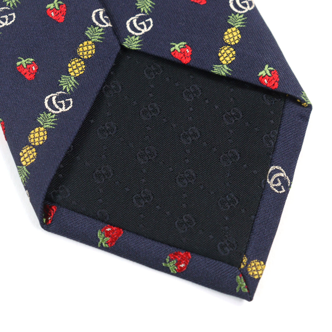 Pristine GUCCI tie GG logo, bee embroidery, pineapple, strawberry Navy silk men 597093